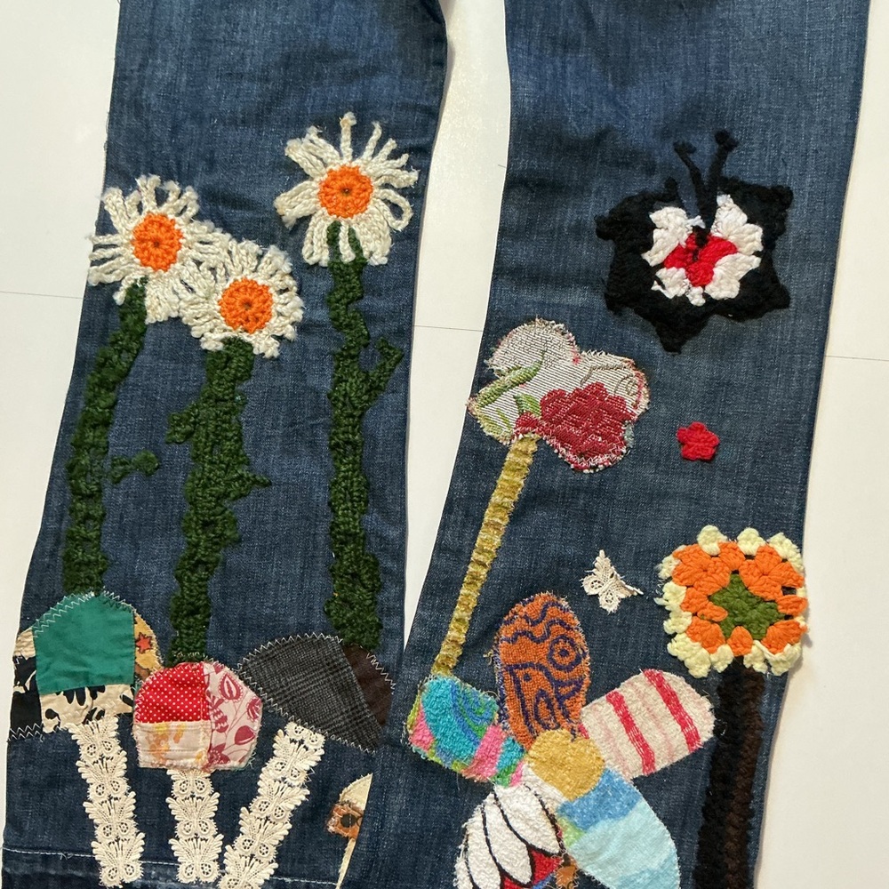 Diesel Zathan Bootcut Mushroom Shrooms Butterfly Floral Patchwork Denim Jeans - Picture 7 of 7